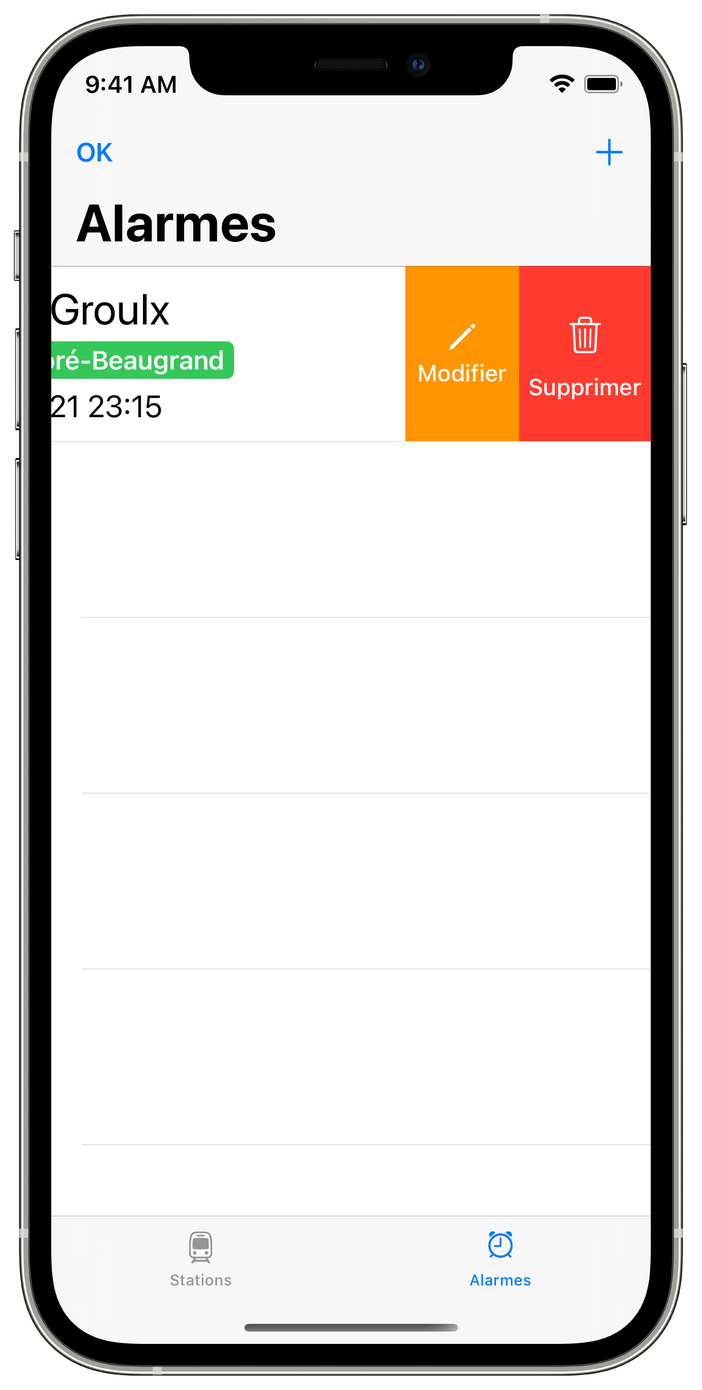 Capture d'écran : Les actions d'édition et de suppression d'alarme affichées.
