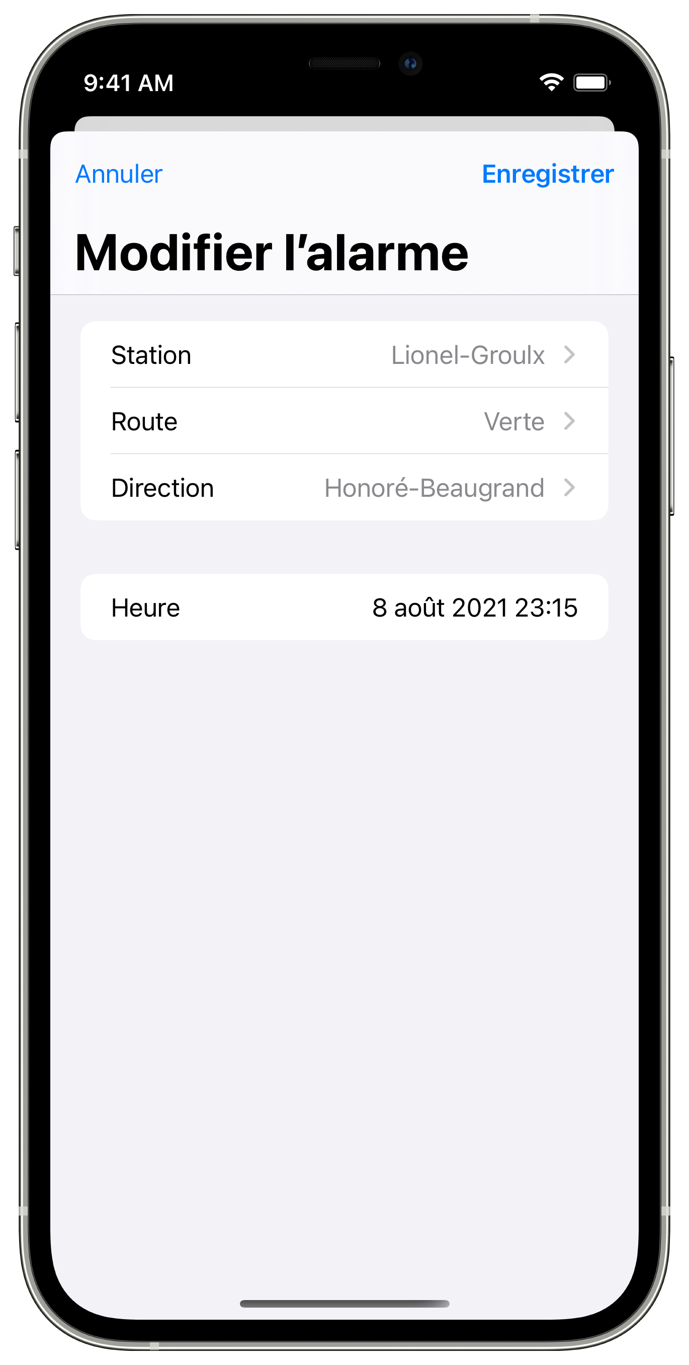 Capture d'écran : Modification d'une alarme existante.