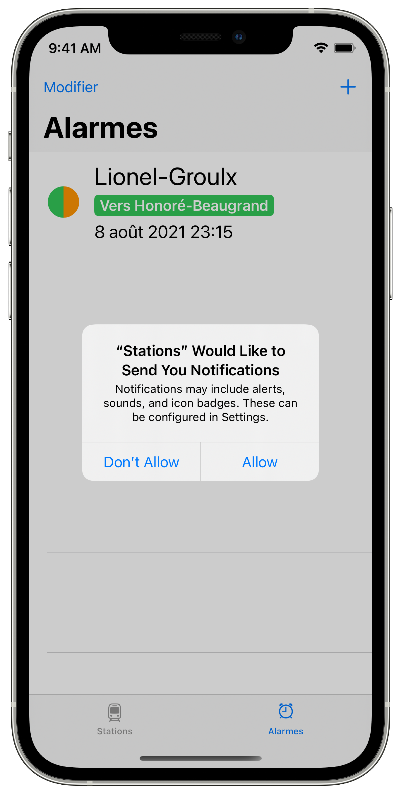 Capture d'écran : La demande d'autorisation de notifications s'affiche.