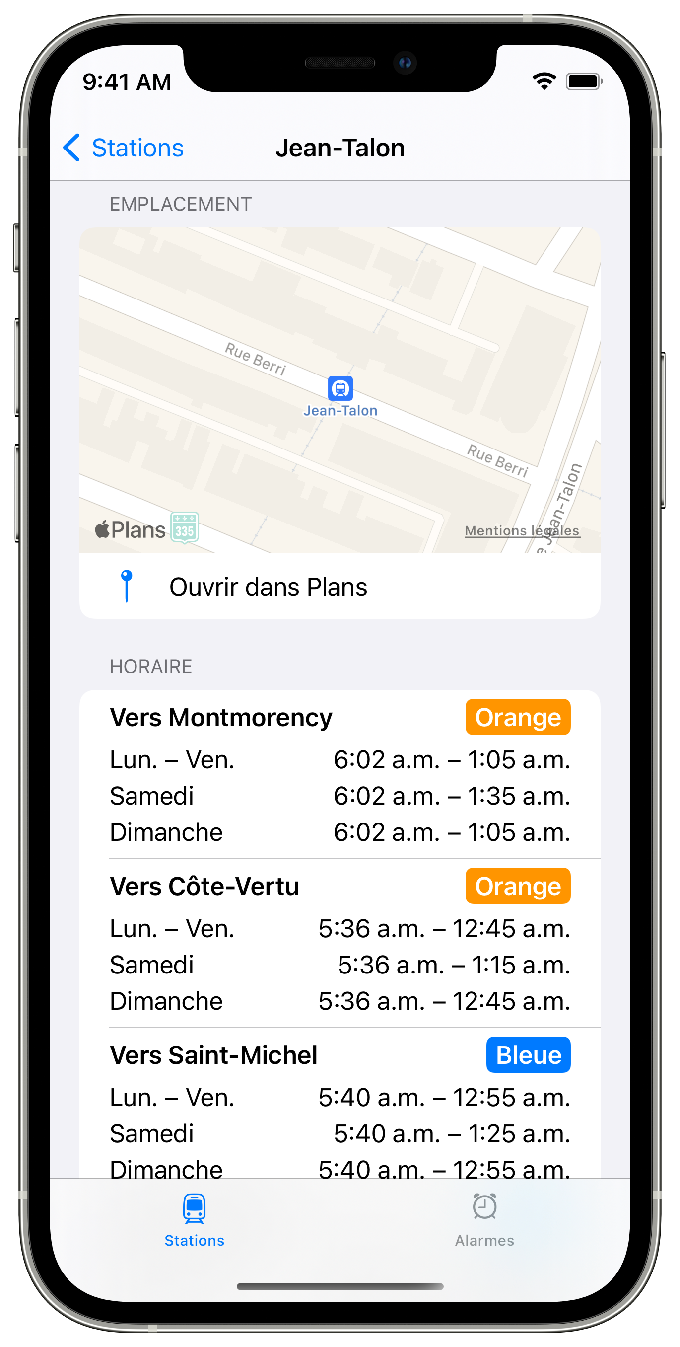 Capture d'écran : Détails de la station Jean-Talon.