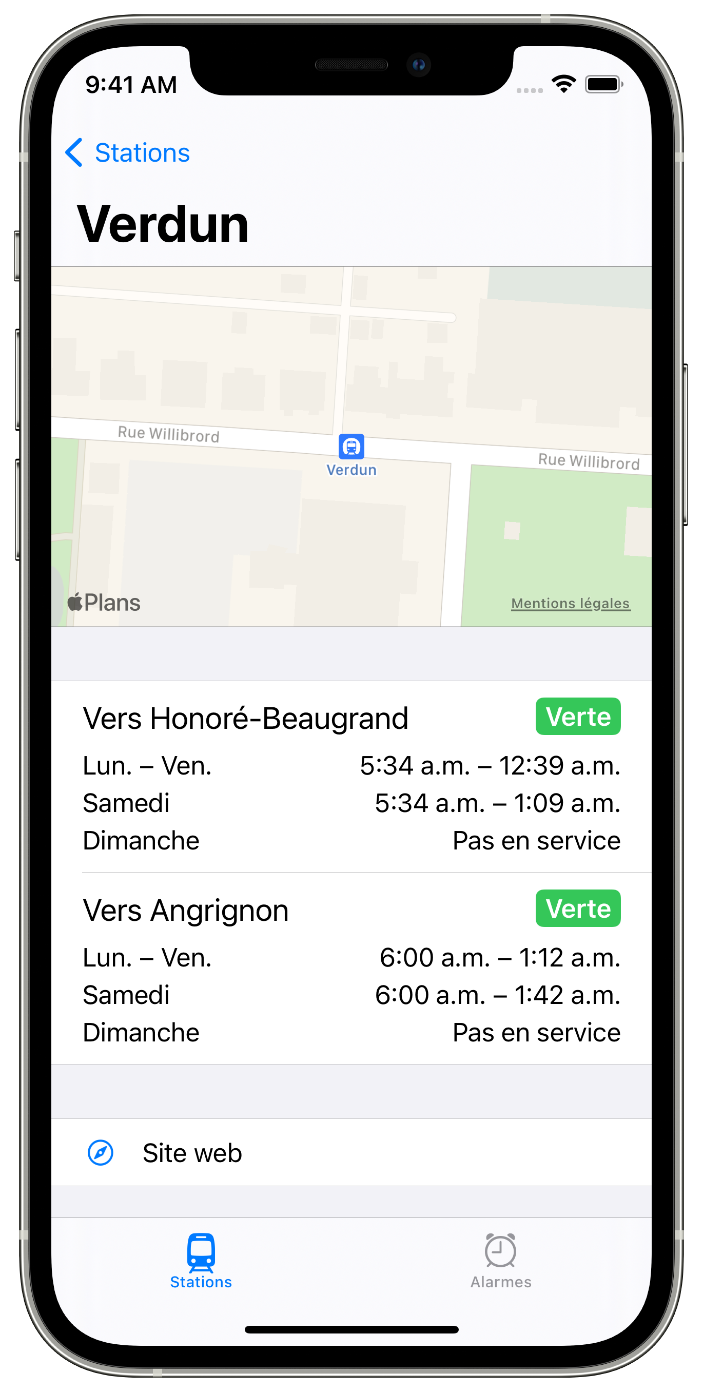 Capture d'écran : Détails de la station Verdun où l'horaire du dimanche n'est pas en service.