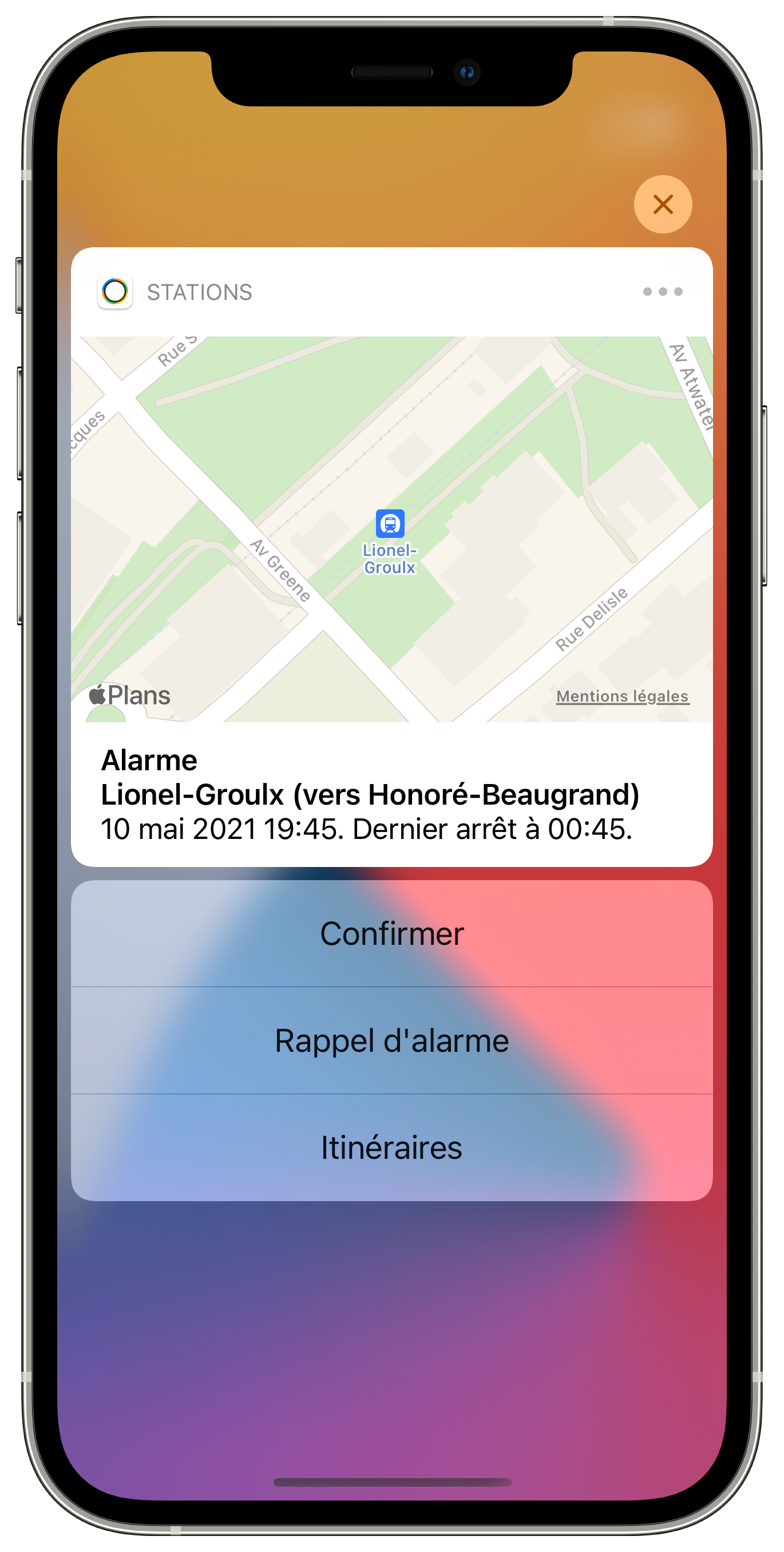 Capture d'écran : Actions de l'alarme sur l'écran de verrouillage.