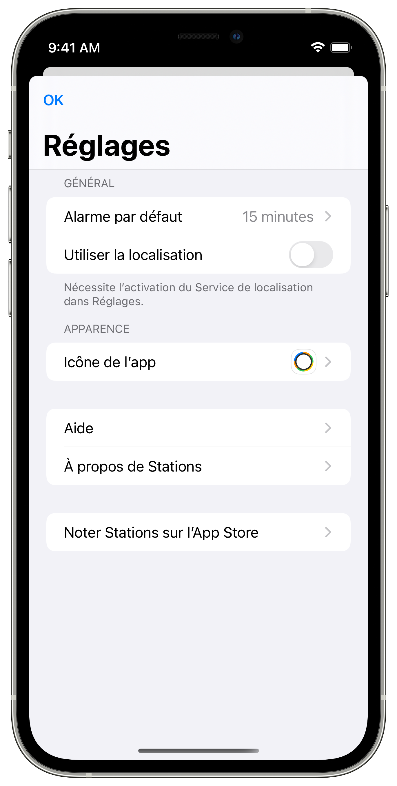 Capture d'écran : Réglages de l'application.
