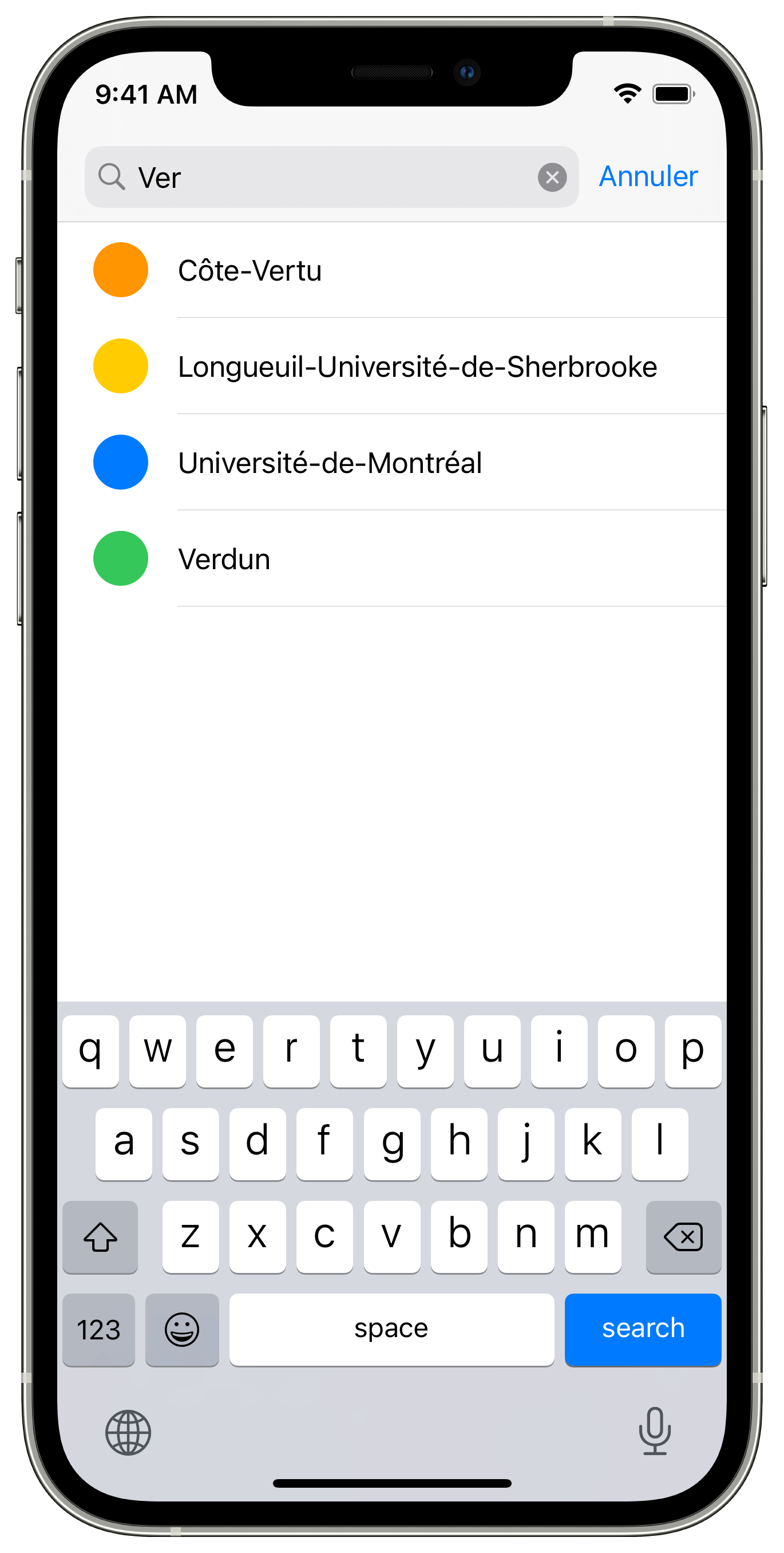 Capture d'écran : Les résultats de la recherche sont affichés sous le champs de recherche.